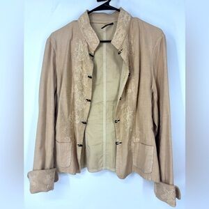 Elie Tahari Hook and Eye Linen Blend Embroidered Tan Beige Jacket Large